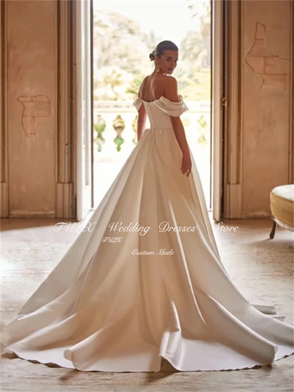 تولكس فساتين زفاف فاخرة من الساتان العاجي رقبة على شكل V قبالة الكتف زي العرائس خط سويب تراين فيستدوس دي نوفيا مخصص