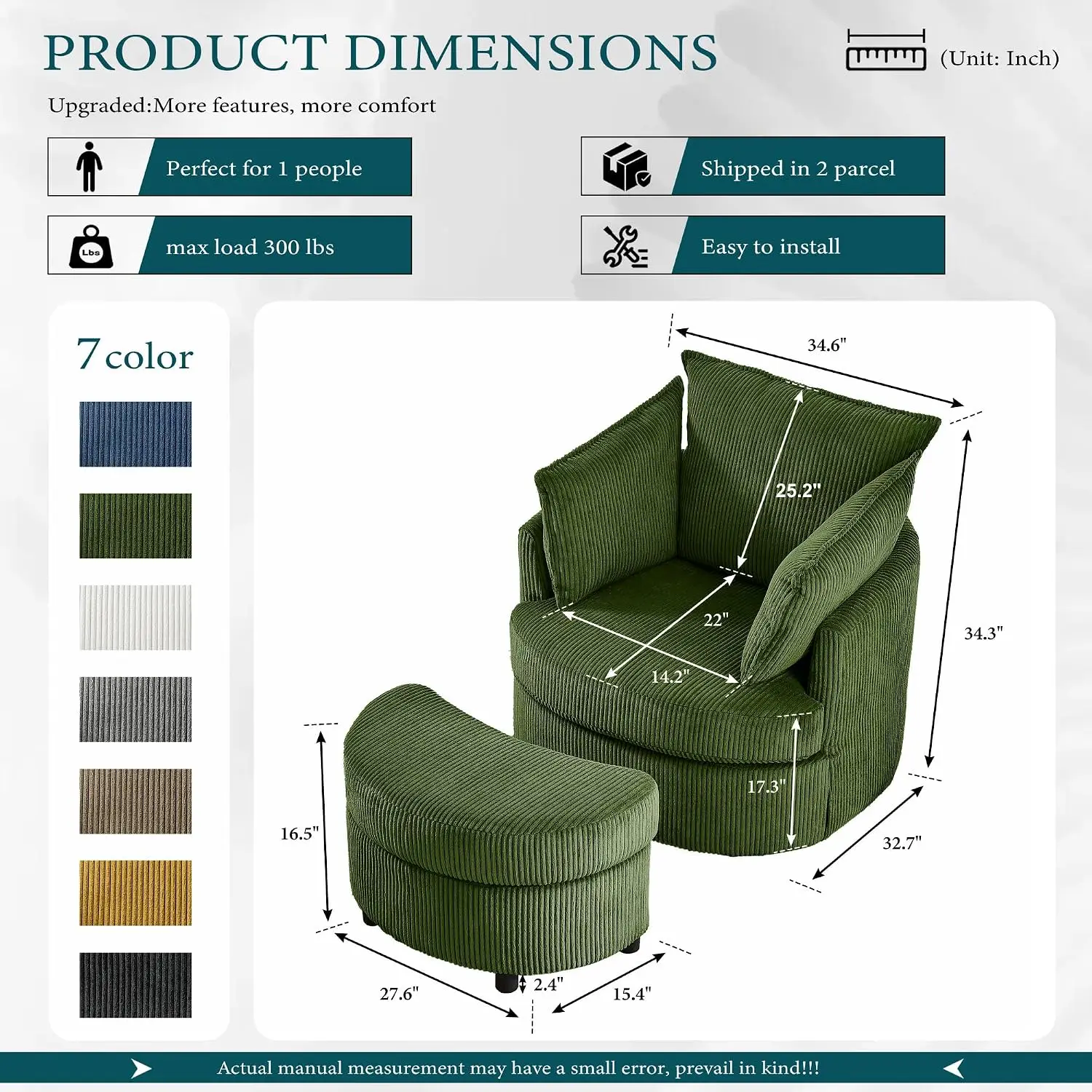 Swivel Barrel Armchair Corduroy Upholstered Reading Chair with Ottoman for Living Room Bedroom Office, Customized