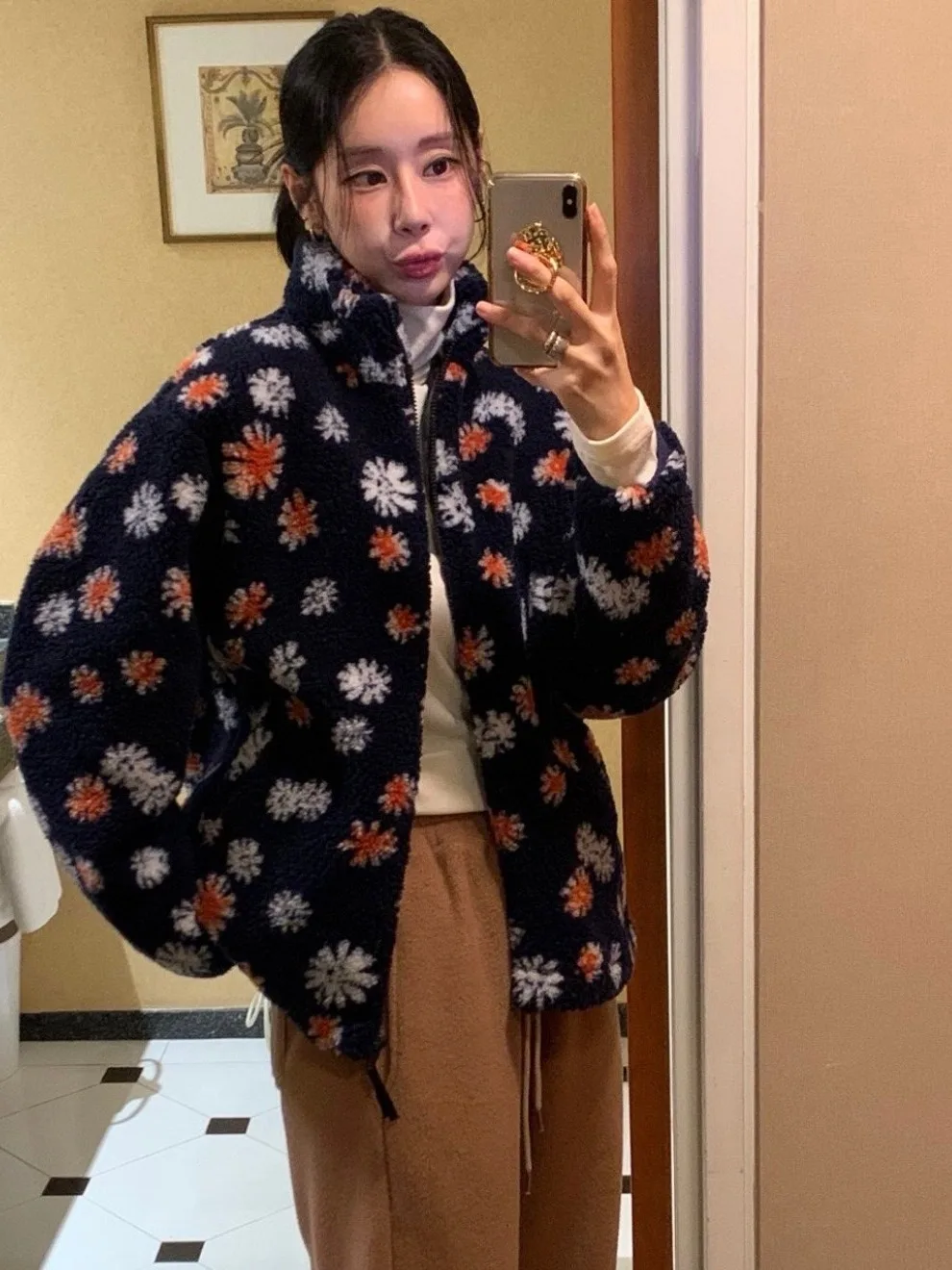 Korean Sle Lamb Velvet Lined Cotton Jaet Women's Winter Faionable Warm Top  Print Outerwear Loose Fit Zipper