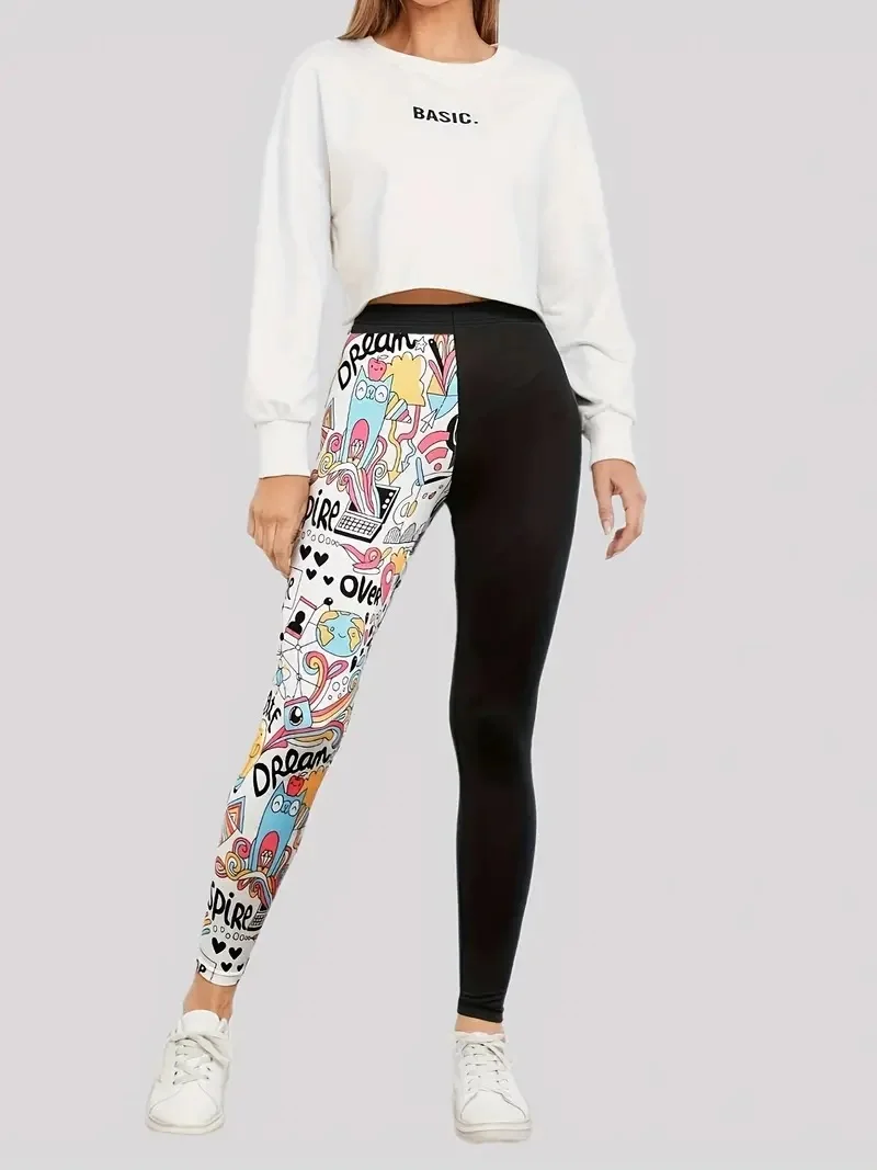 Patchwork print casual elastic elastic waist slim-fit leggings for women wearing comfortable leggings for home work travel