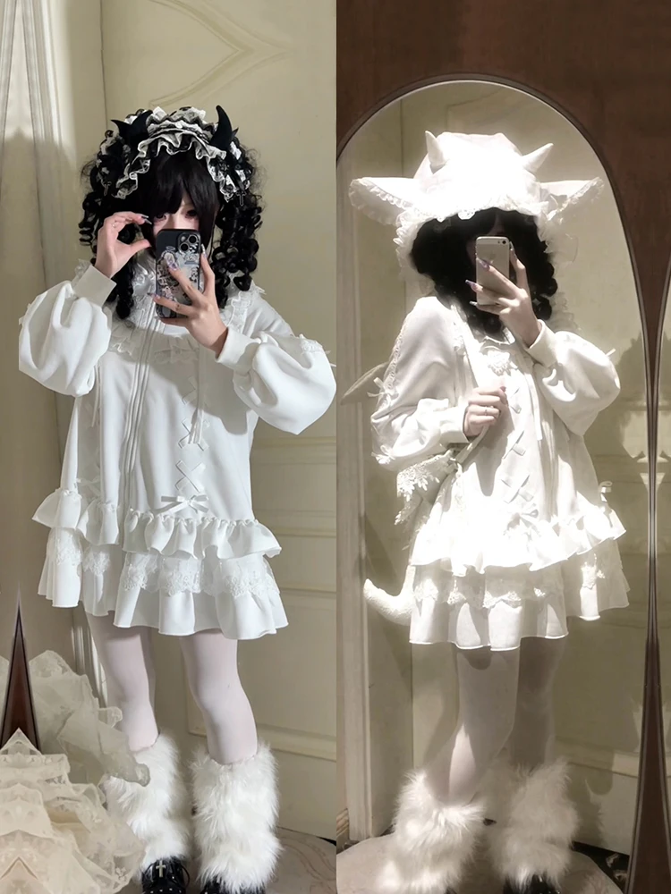 Laminated Ruffle Edge Splicing Black Sweatshirs Women Original Design Sweet Cool Sweatshirt Jacket Removable Hat Lolita Coat