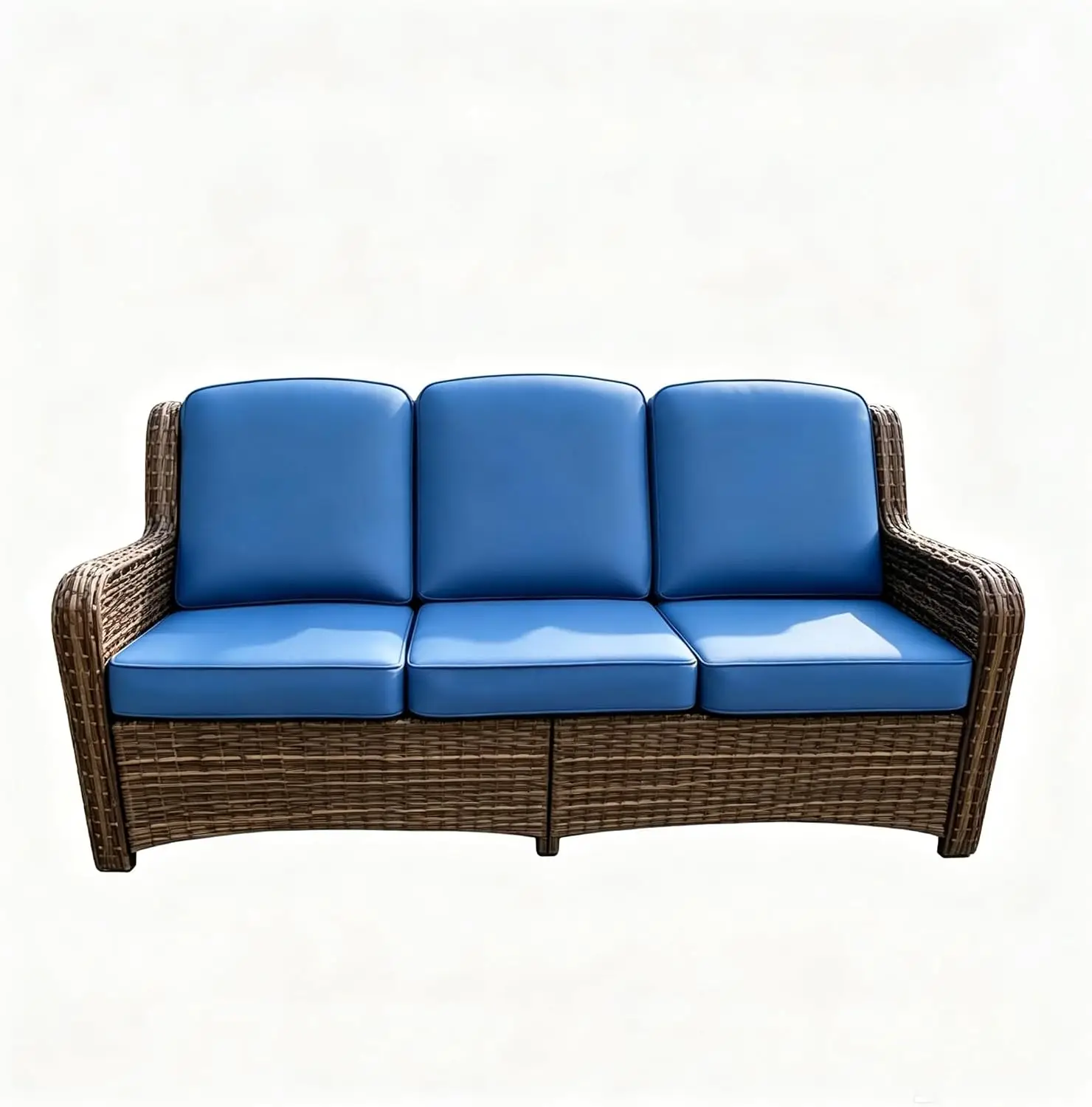 Outdoor Patio Wicker Sofa 3-Seater with Wide Armrests Comfortable Garden Couch for Entertaining And Relaxing(Blue)
