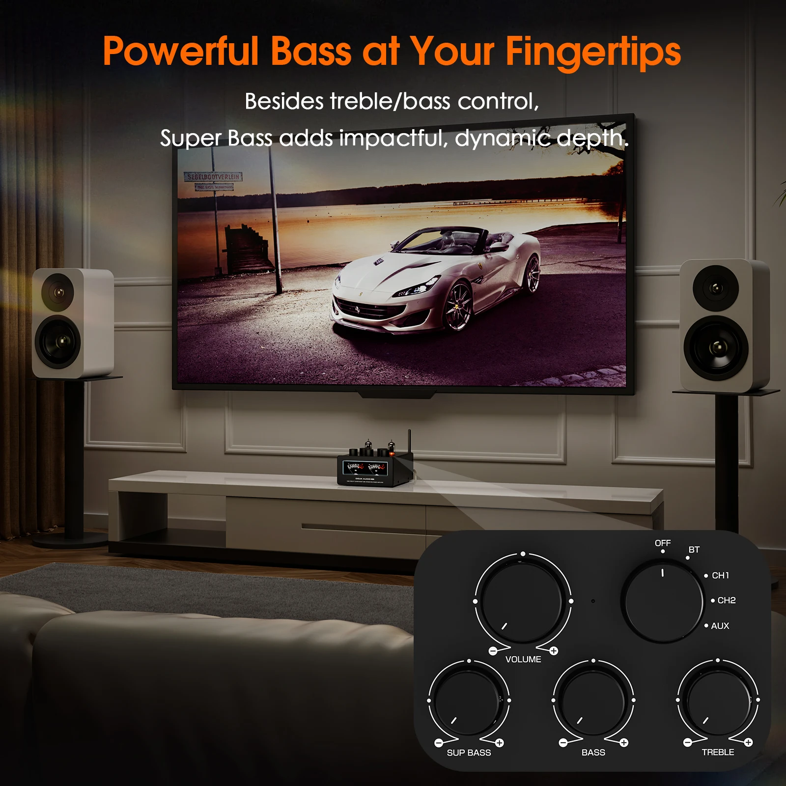 Douk Audio T6PRO HiFi JAN5725 Amplificador de tubo de vácuo Receptor Bluetooth TPA3255 Amplificador de potência com medidor VU 300W + 300W