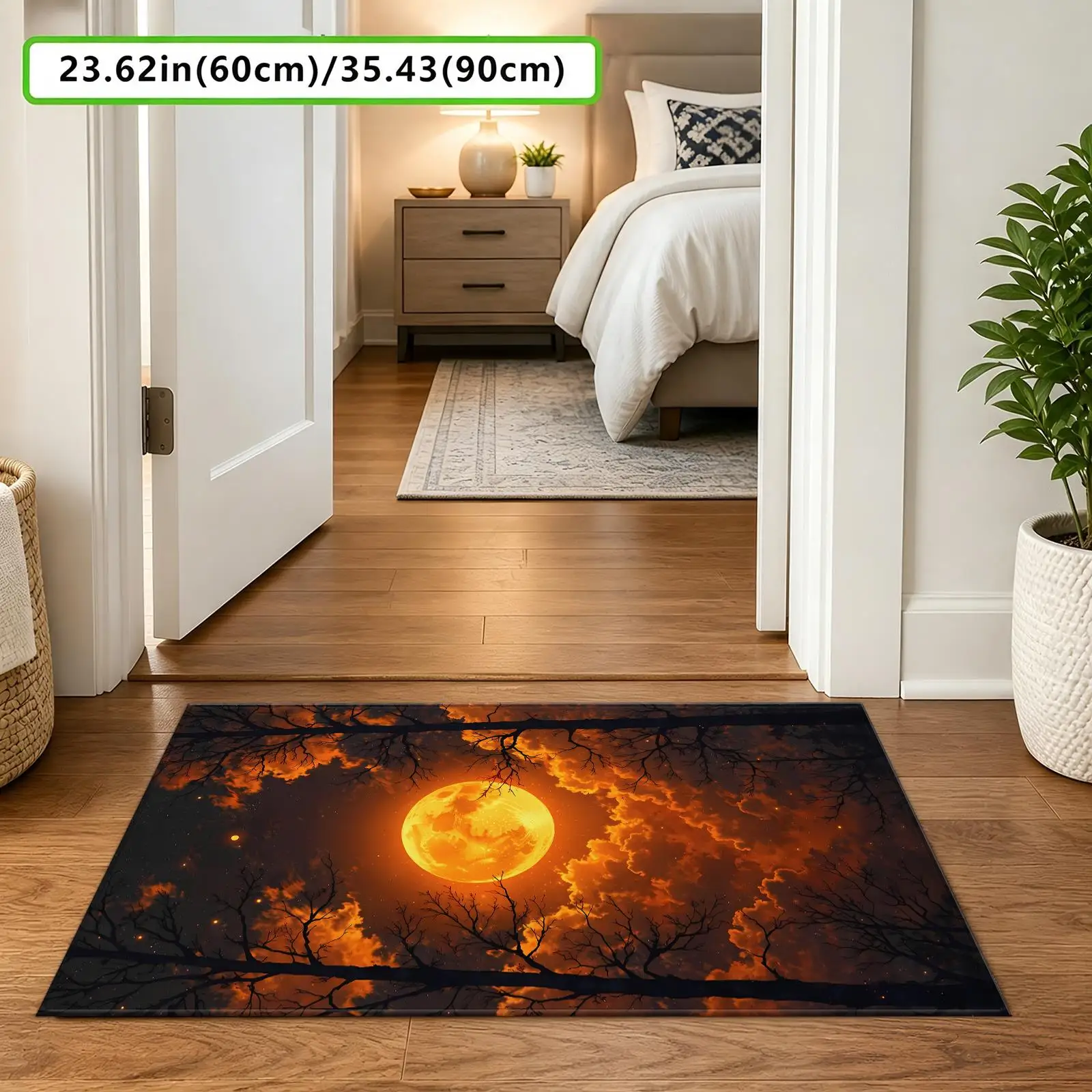 1pc 2D Flat Blood Moon Bare Tree Dark Night Sky Printed Floor Mat, Decorative Rug for Living Room, Bedroom, Home