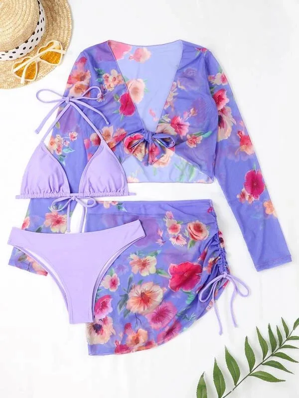 Traje de baño con estampado Floral para mujer, ropa de playa con cordón, falda envolvente con cordones, conjunto de Bikini de cuatro piezas para vacaciones, verano 2025