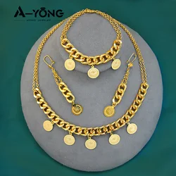 Luxury Islamic Gold Color Jewelry Set 21k Copper with Gold Plated Turkish Coins Pendant Necklace Bracelet Earrings