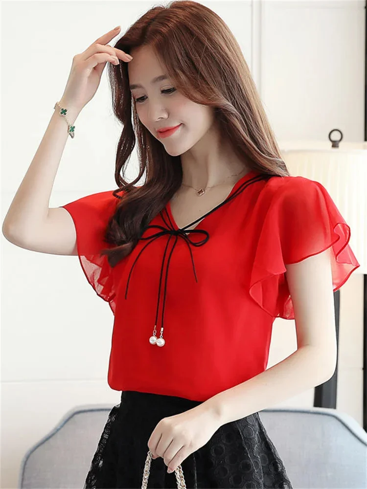 

Women Spring Summer Style Chiffon Blouses Shirts Lady Casual Short Flare Sleeve O-Neck Chiffon Blusas Tops