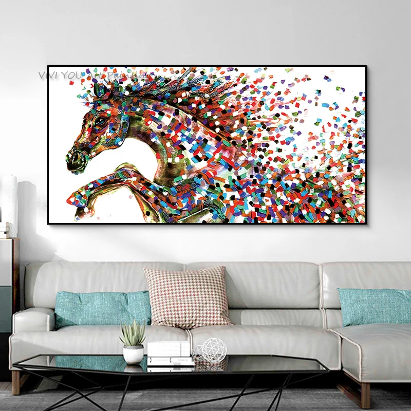 Handpainted Wall Oil Painting On Canvas Color Block Galloping Horse Animal Abstract Oil Painting for Living Room Sofa Wall Decor