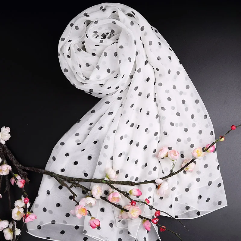 エレガントな長尺シルクスカーフ-レディース-ラウンドドット柄-ハンヤンブランド-飾り付き-おしゃれ-韓国風-オールシーズン対応