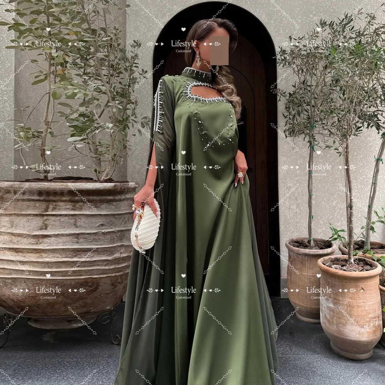 

Customized High Neck Cut-out Beads Prom Dresses 2025 Oliva Long Cape Sleeves Gorgeous Evening Dress Formal Party Gown