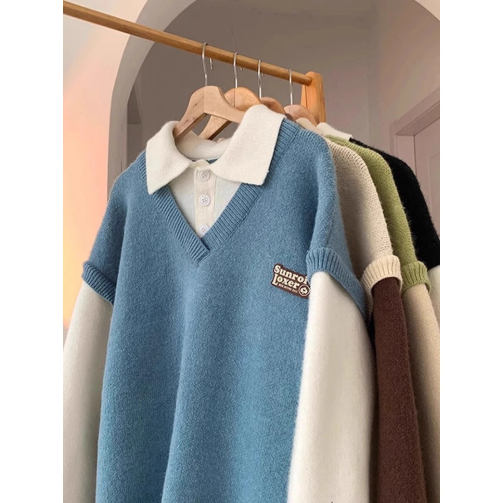 

Свободная корейская верхняя одежда из двух предметов с трикотажным воротником для мужчин и женщин, повседневная одежда из полиэфирного волокна, обычная одежда...