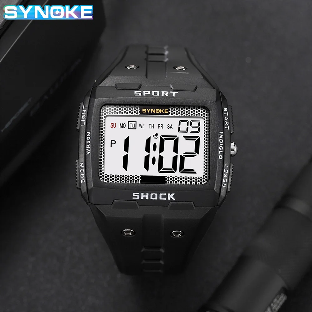 SYNOKE Big Numbers Full Size Digital Watch Easy to Read 5ATM Water Resistant Electronic Wristwatch Countdown Clock Reloj Hombre