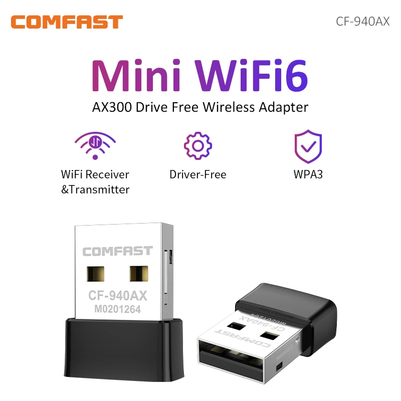 COMFAST Mini WiFi6 Adapter Free-Drive 2.4G 300Mbps Wireless Network Card 802.11ax USB WiFi6 Dongle WPA2 for Winows 8/8.1/10/11