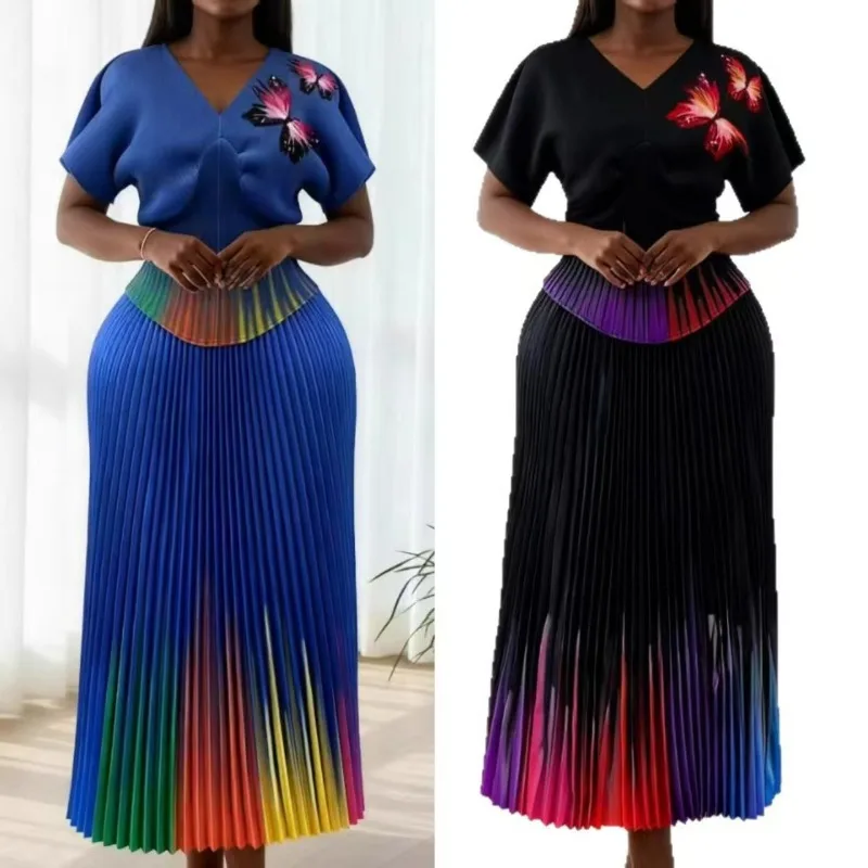 

Miyake плиссированный комплект с юбкой с принтом, легкий роскошный свободный комплект больших размеров, осень 2025 года, юбка с короткими рукавами и темпераментом бабочки, комплект из 2 предметов