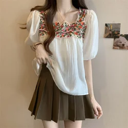 Large Size Women's Clothing Belly Covering Embroidery Shirt for Women's Summer Ethnic Style Slimming Short Sleeved Female Top