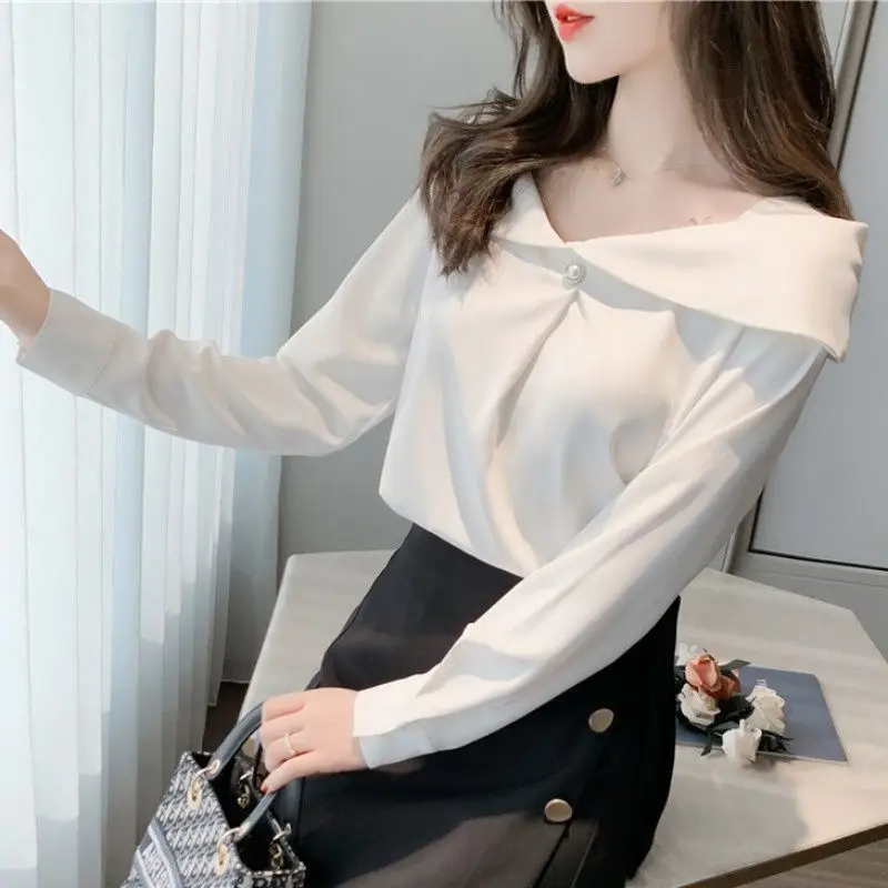 Temperament Fashion Button Ornament Blouse New Classic Long Sleeve Slim Slash Neck Autumn All-match Chiffon Pullover Shirt 2023