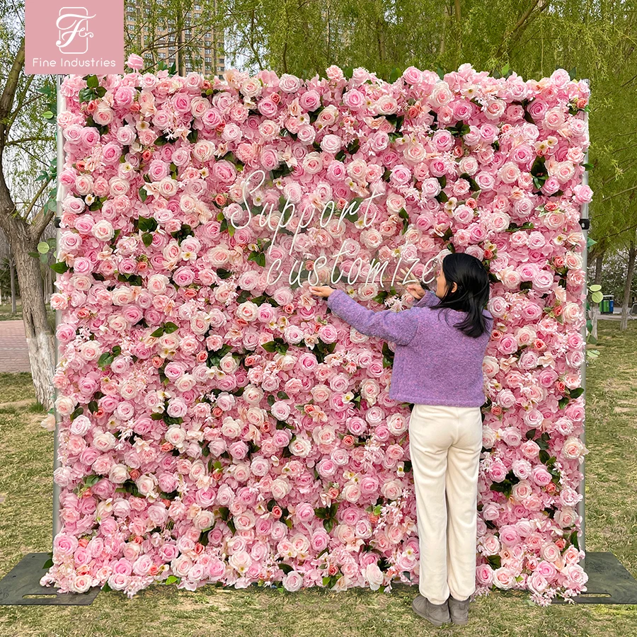 

Custom Pink Roll up Cloth Flower Wall Wedding Decor Artificial Silk Rose Flower Wall Backdrop