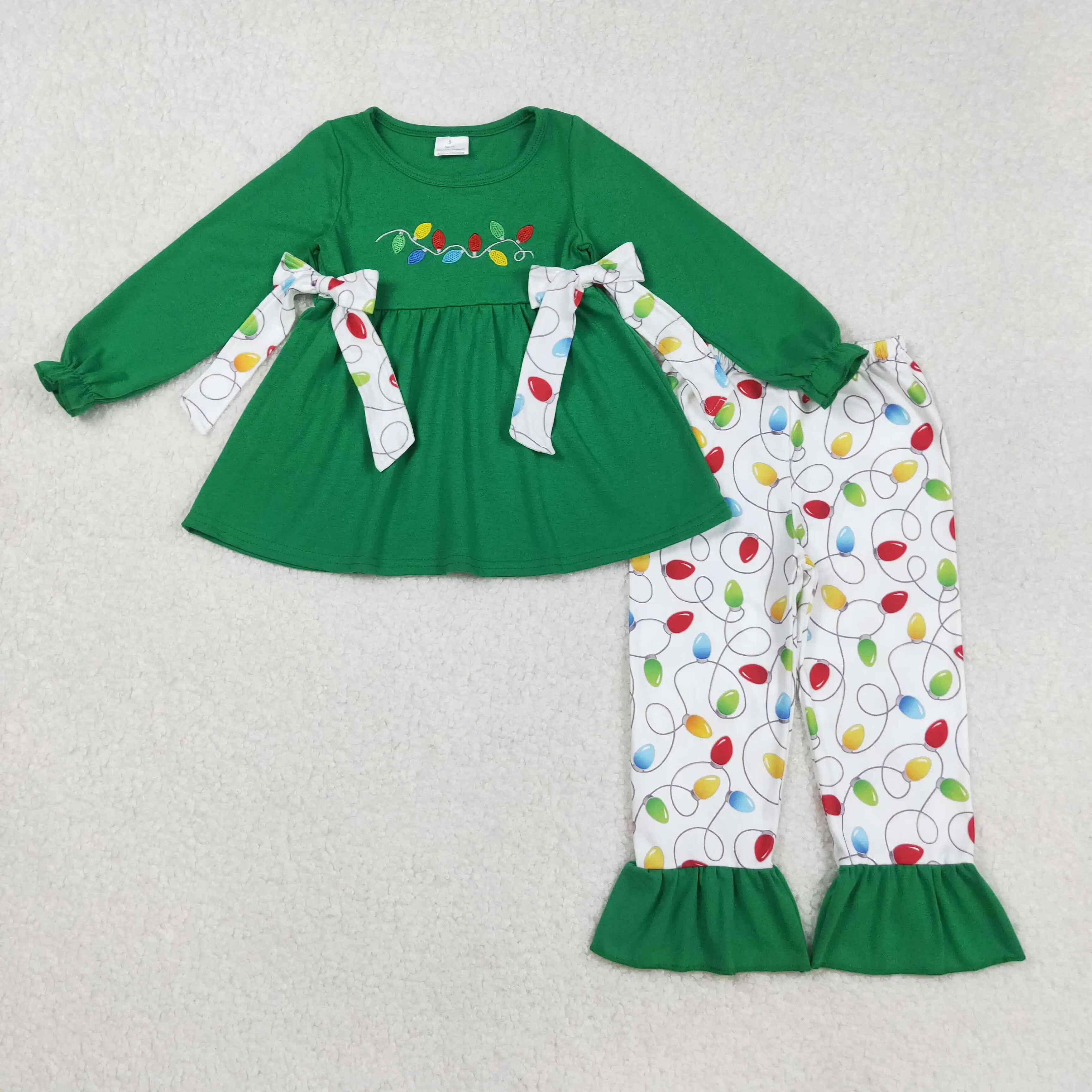 

9.30y Embroidered lights green long-sleeved pants suit Christmas Winter baby girls clothing wholesale boutique