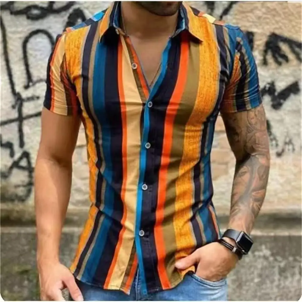 

Men's Hawaiian Beach Shirt 3D Print Stripe Stitching Tee Top Casual Short Sleeve Button Holiday Shirts Mens Streetwear