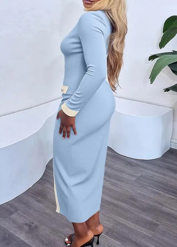 

Womens Dresses 2026 Spring Autumn New Fashion Pearl Button Decor Contrasting Color Splicing Turn-Down Collar Slim Fit Long Dress