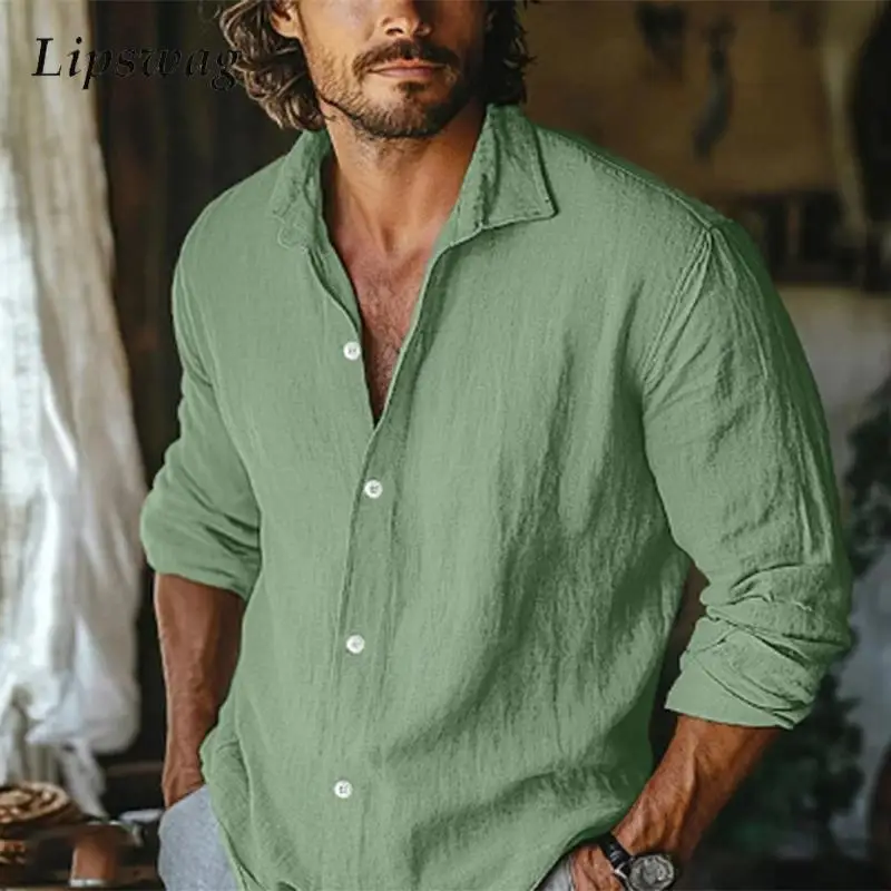 Daily Casual Long Sleeve Linen Shirts For Mens Spring Summer Leisure Breathable Loose Shirt Vintage Buttoned Lapel Men Shirt Top