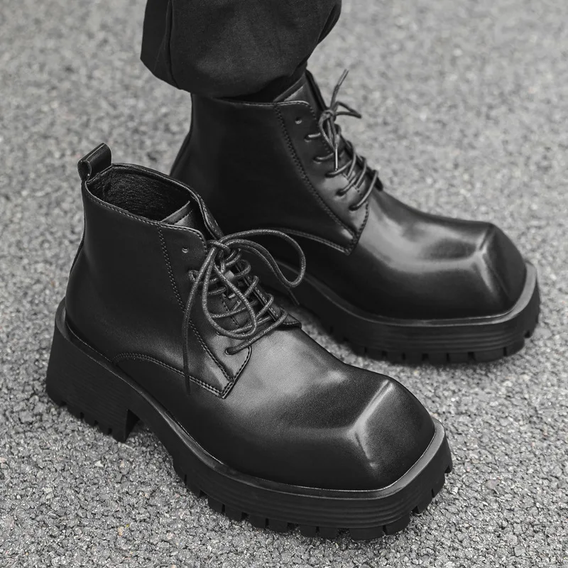 

men fashion punk rock platform boots designer square toe shoes cowboy soft leather boot cool autumn winter ankle botas masculina