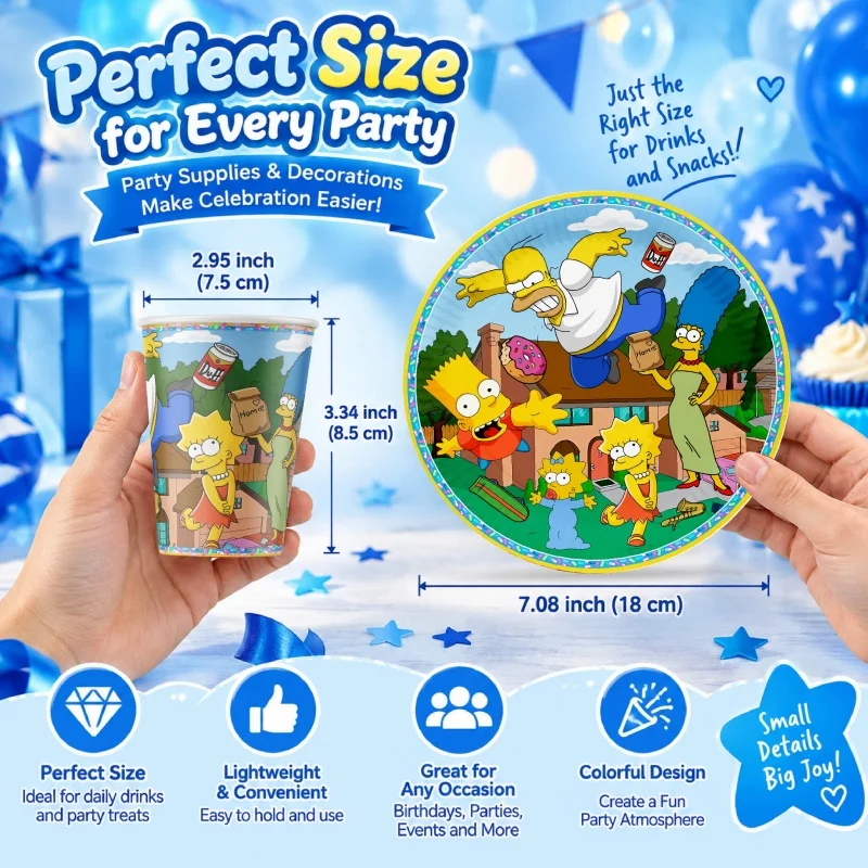 Das Simpsons Happy Birthday Party Dekorations- und Tischgeschirr-Set, bestehend aus Teller, Bechern und Servietten mit Cartoon-Motiven, ist praktisch, langlebig und ein Bestseller. – Detail 6