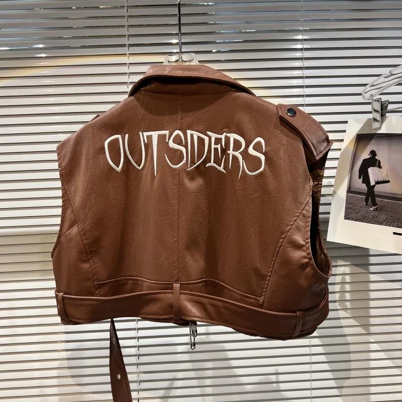 Autumn 2023 New Fashion Letter Embroidery Motorcycle Jacket Streetwear Sleeveless Vests Coat Crop Matte Leather Outwear