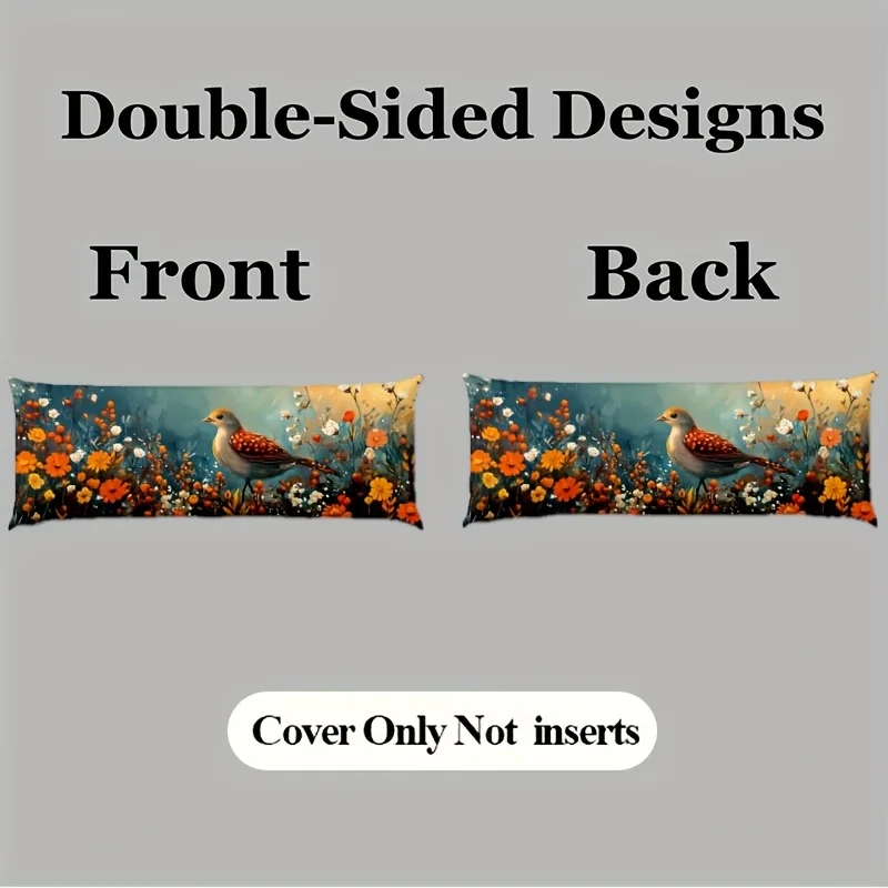 1pc Spring Short Plush Pillowcase, Herbal Floral Whimsical Quail Pattern, Zippered Pillowcase, Double-Sided Print, 137.16x50.8 c