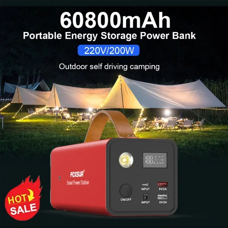 220V 60800mah Portable Power Station Camping Battery Solar Emergency Generator Power Bank for Self-driving Night Market Stall