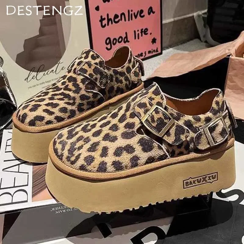 Leopard Platform Women Loafers Shoes Suede Fashion Flats Casual Shoes 2024 Winter New Brand Designer Mujer Travel Zapatillas