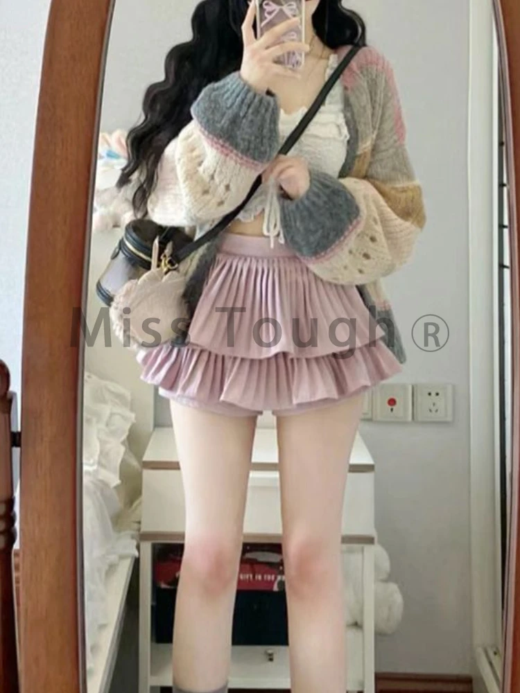 Winter Korean Sweet 3 Piece Set Women Warm Elegant Vintage Skirt Suit Colorful Knit Sweater + White Vest + Pink Mini Skirt 2024