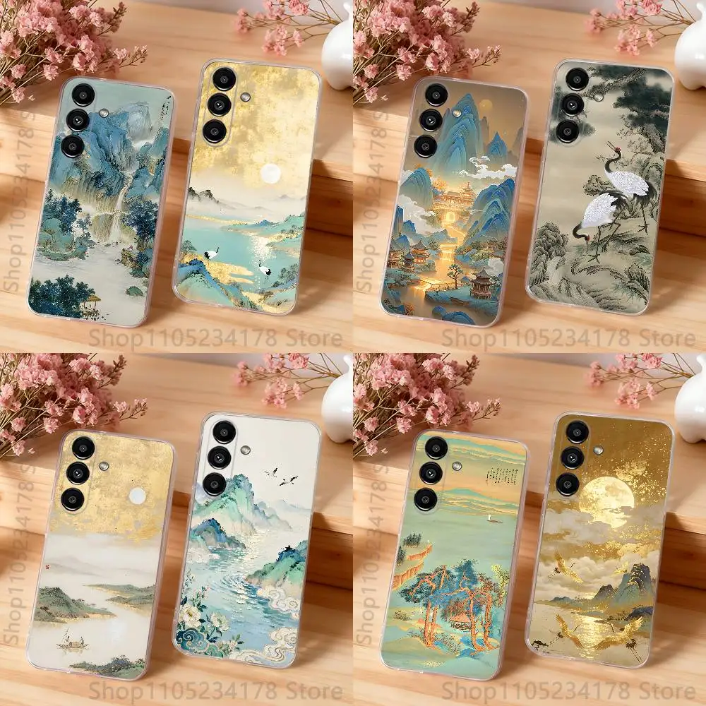 Chinese Style Landscape painting Phone Case For Samsung S30,S25,S24,S23,S21,S22,S20,S10,5G,FE,lite,PIus,Ultra Transparent Cover
