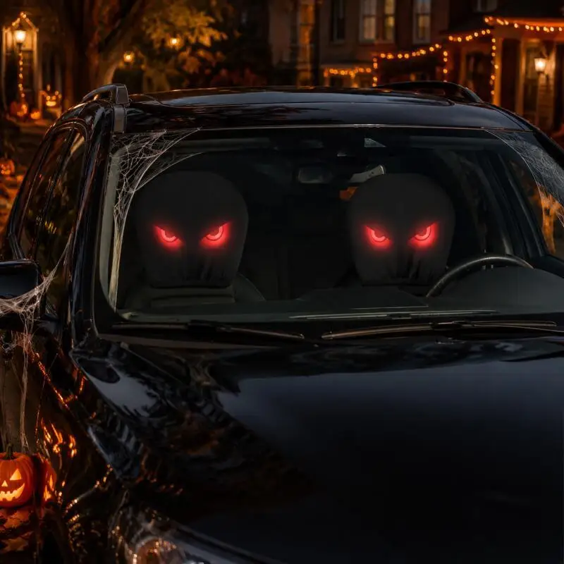 2 Pcs Car Headrest Covers Halloween Glowing Red Demonic Eye Pattern Protective Covers Elastic Dust-proof Interior Decoration