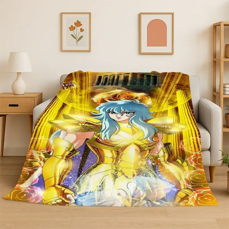 Retro Saint Seiya Anime Cartoon Flannel Blanket Soft Warm Throw Blanket for Bedroom Living Room Bed Travel Camping Picnic Gift