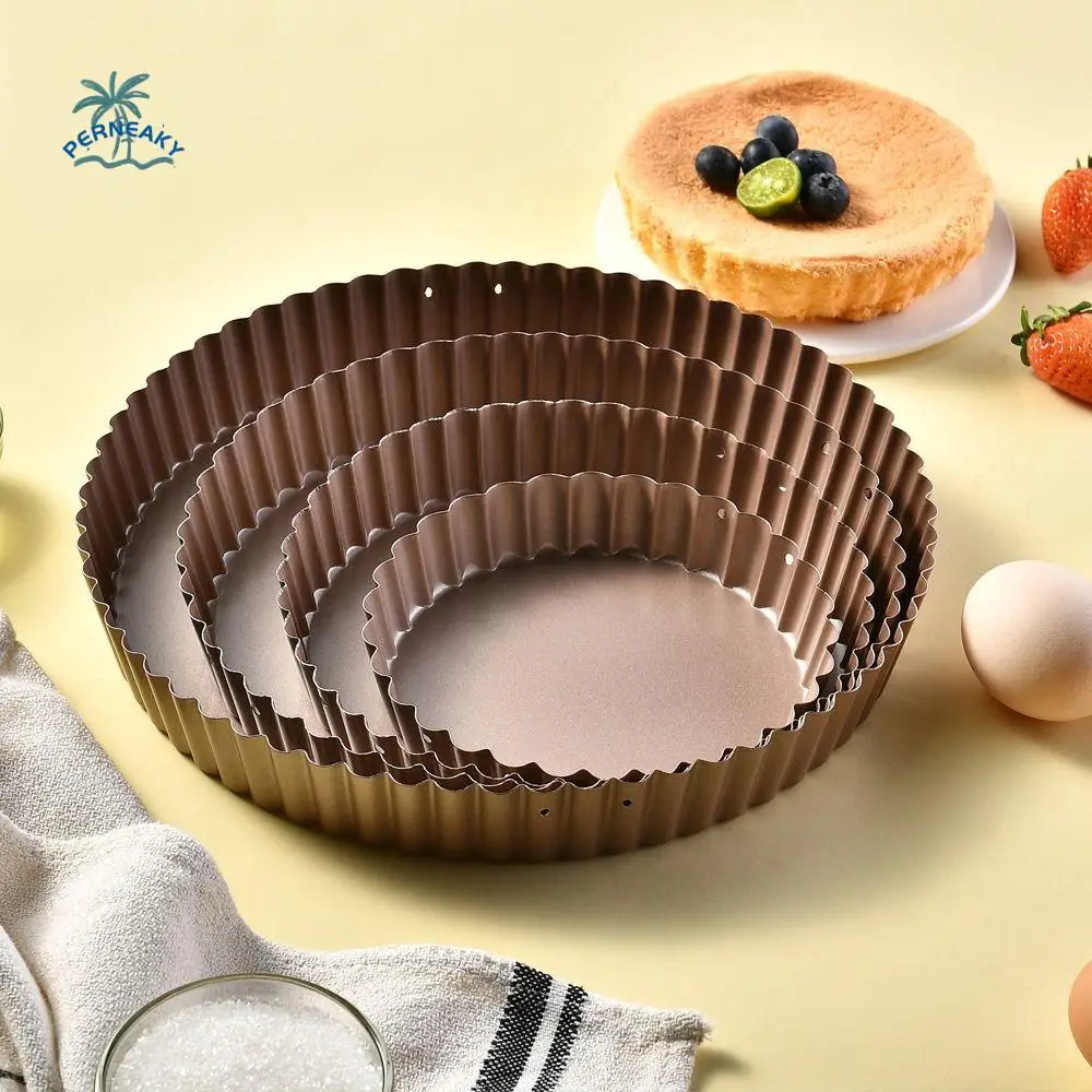 Kitchen Accessories Round Quiche Flan Pan Wavy Edge Nonstick Fluted Pie Tart Pan Champagne Carbon Steel Pizza Mould Home Use