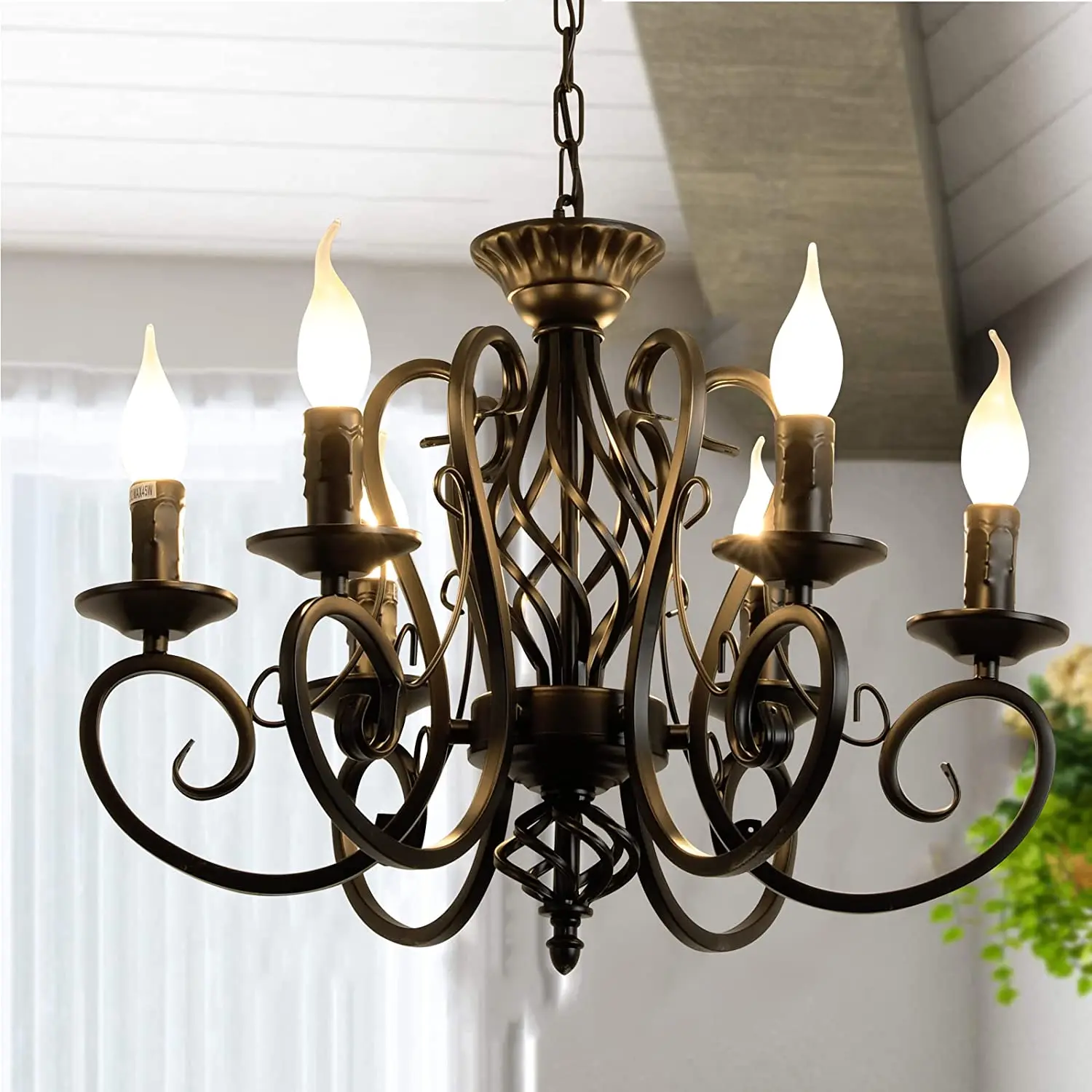 

Black French Country Chandelier,6 Lights Farmhouse Candle Iron Chandeliers,Vintage Metal Pendant Light Fixture Kitchen Island