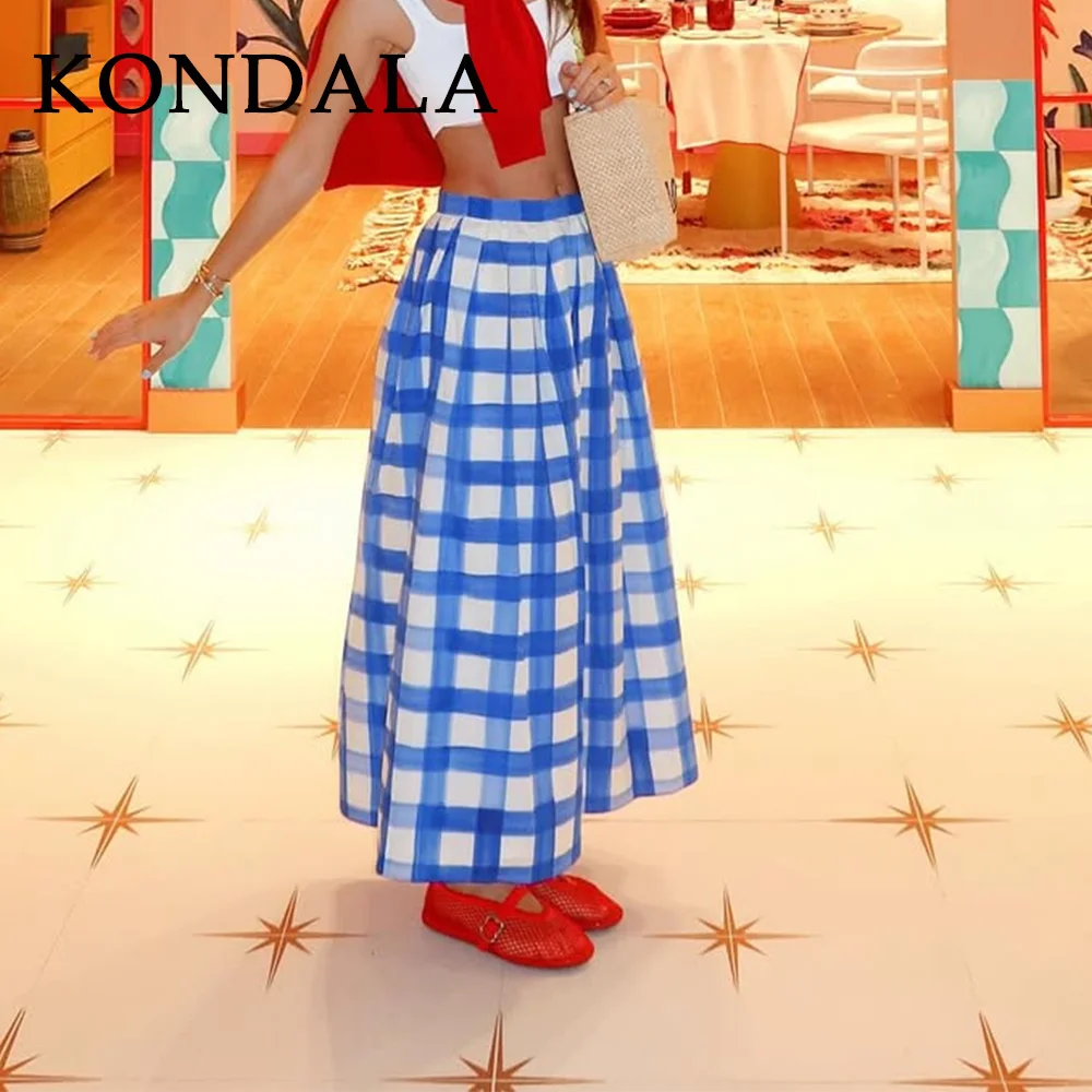 

KONDALA 2025 Spring Summer Casual Women Skirts Fashion Plaid Loose High Waist Streetwear Elegant Ladies Long Skirts