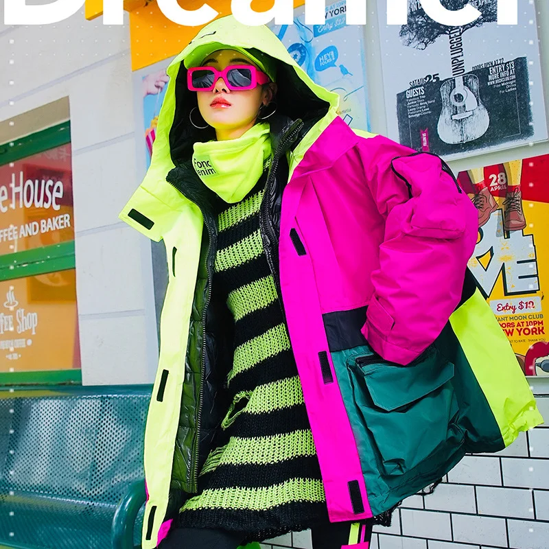 

Женский утолщенный пуховик с капюшоном, новый осенне-зимний стиль, красочный пэчворк, модный бренд, свободный крой, уникальный уличный стиль
