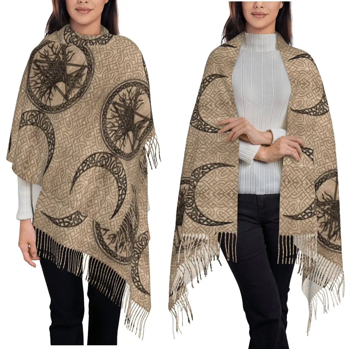 

Тройная луна с пентаграммой Triskelion, языческий викканский шарф, шарфы с кисточками, женские мягкие шали и накидки, большая осенне-зимняя шаль, накидка