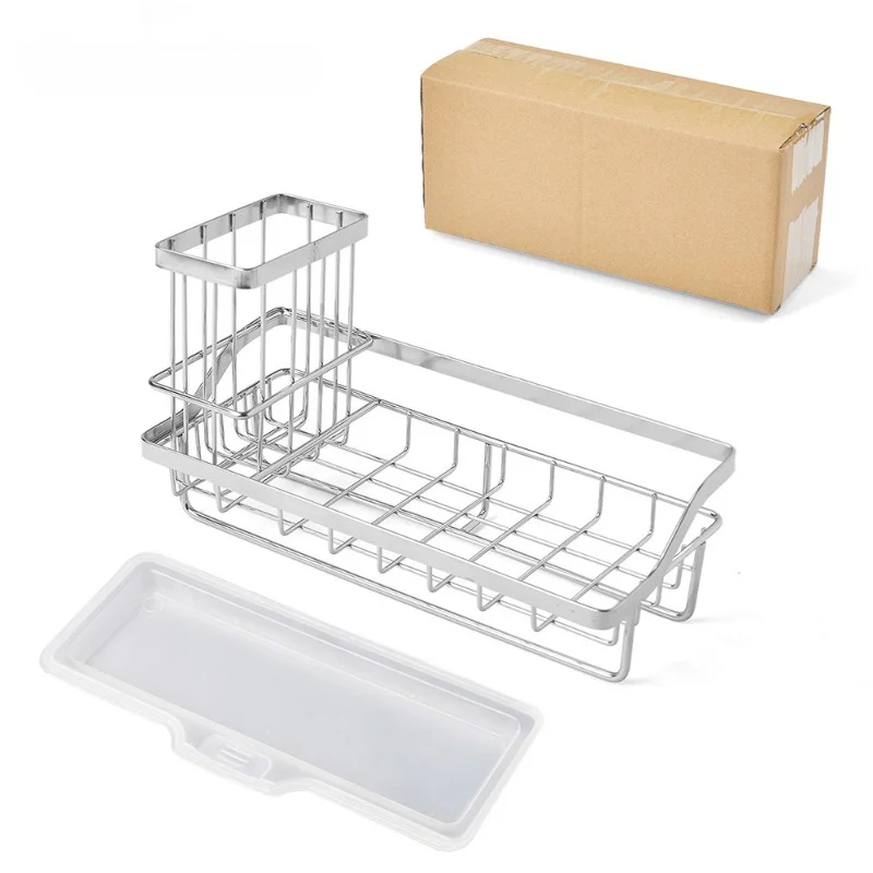 Stainless Steel Sponge Holder Removable Kitchen Sink Caddy Rack Stand Cleaning Brush Soap Organizer Storage Rack with Drain Tray