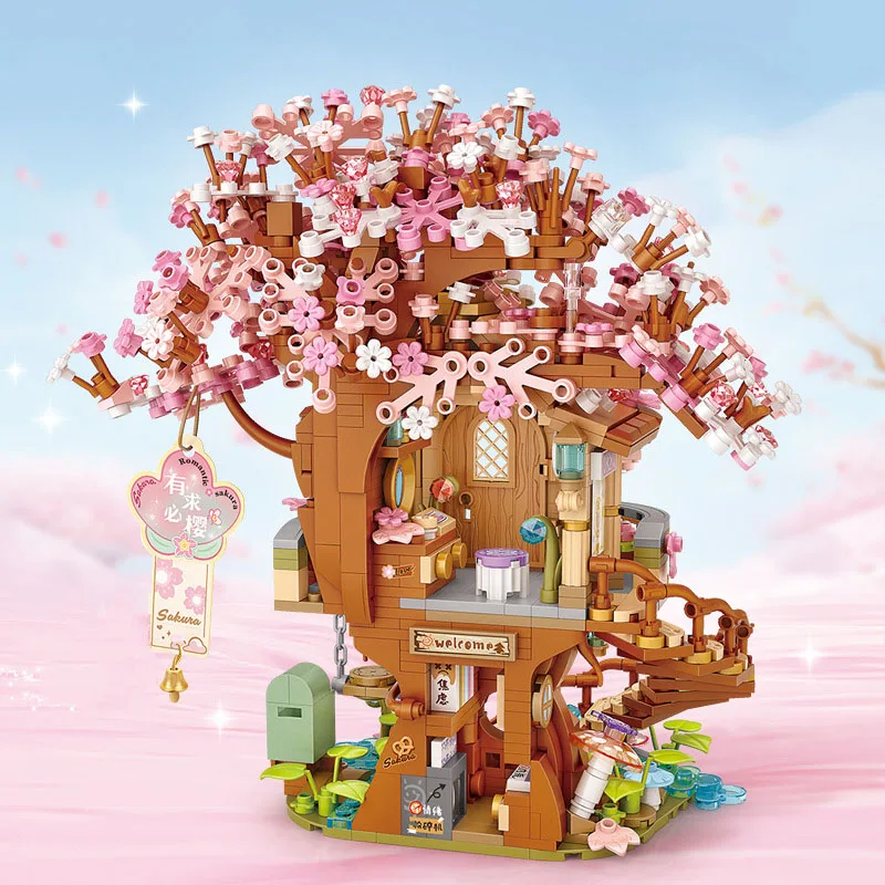 Idea Landscape Mini Block Cherry Tree House Consitruction Building Brick Cartoon Spirit Figures Sakura Treehouse Toy For Girl