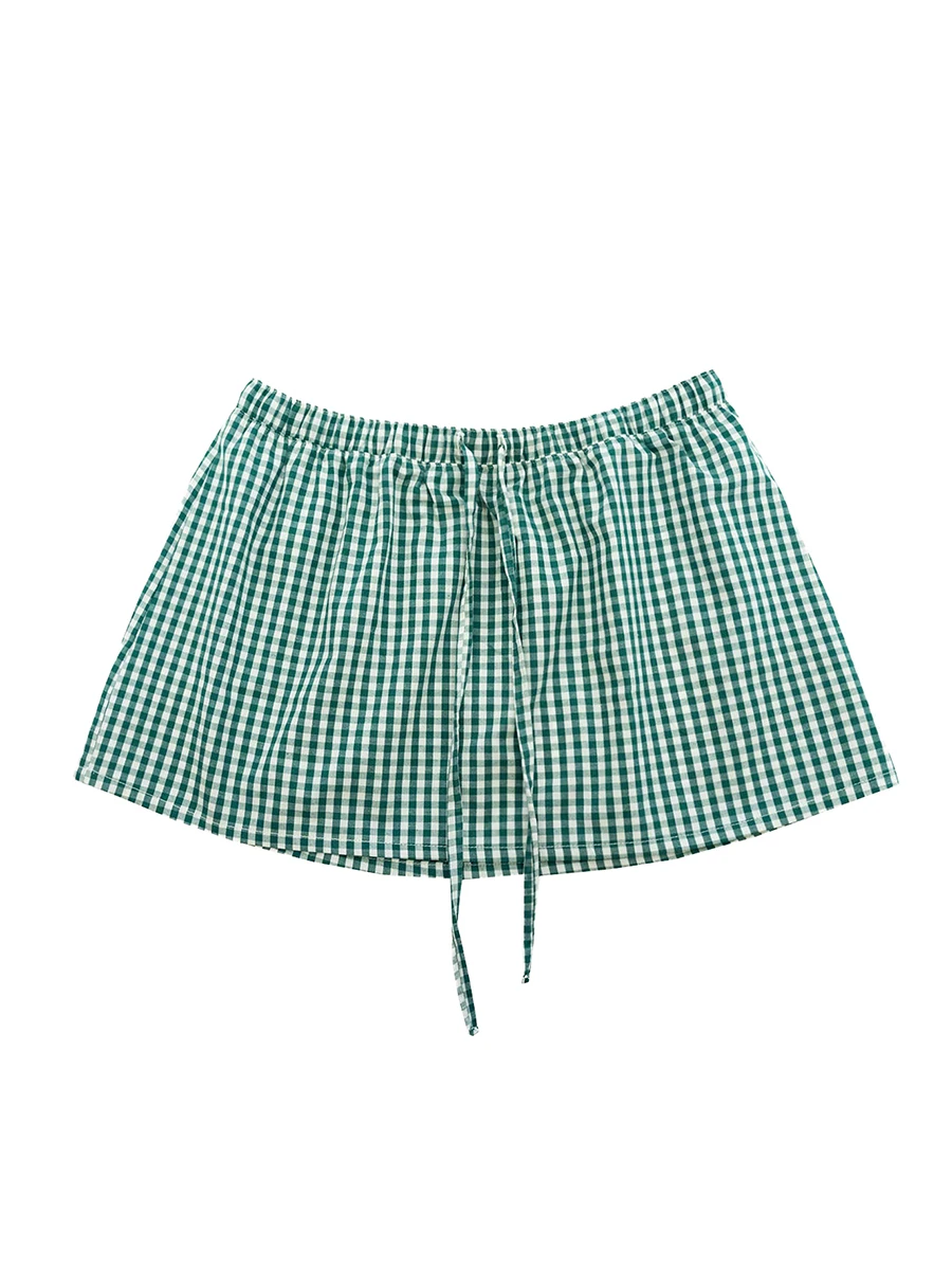 Womens Gingham Mini Skirts Y2k Going Out Elastic Waistband Teen Girls Pleated Plaid Checkered Streetwear Casual Bottom