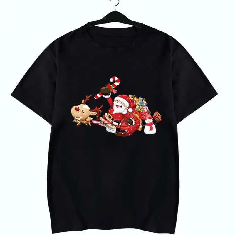 

Santa Claus Reindeer Cartoon Red Couple Outfit Men's and Women's Short Sleeved T-shirt with Loose Print Christmas Top Soft