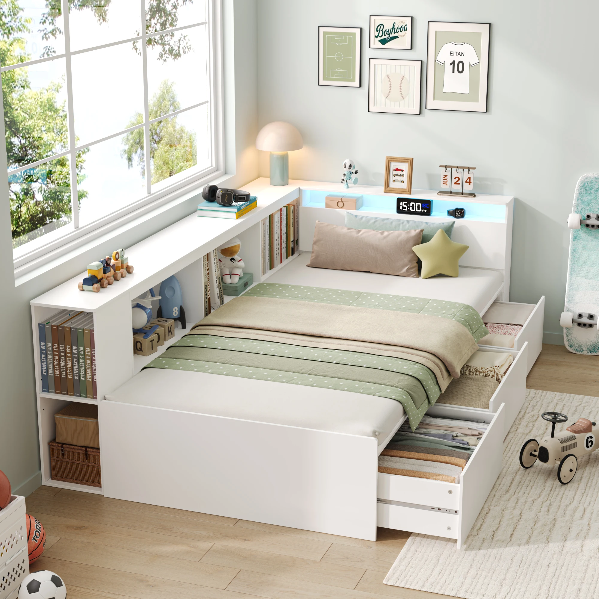 Getone Kinderbett 90x200 cm mit LED, Beleuchtung, Jugendbett mit 3 Schubladen und Bücherregal Stauraum (ohne Matratze)