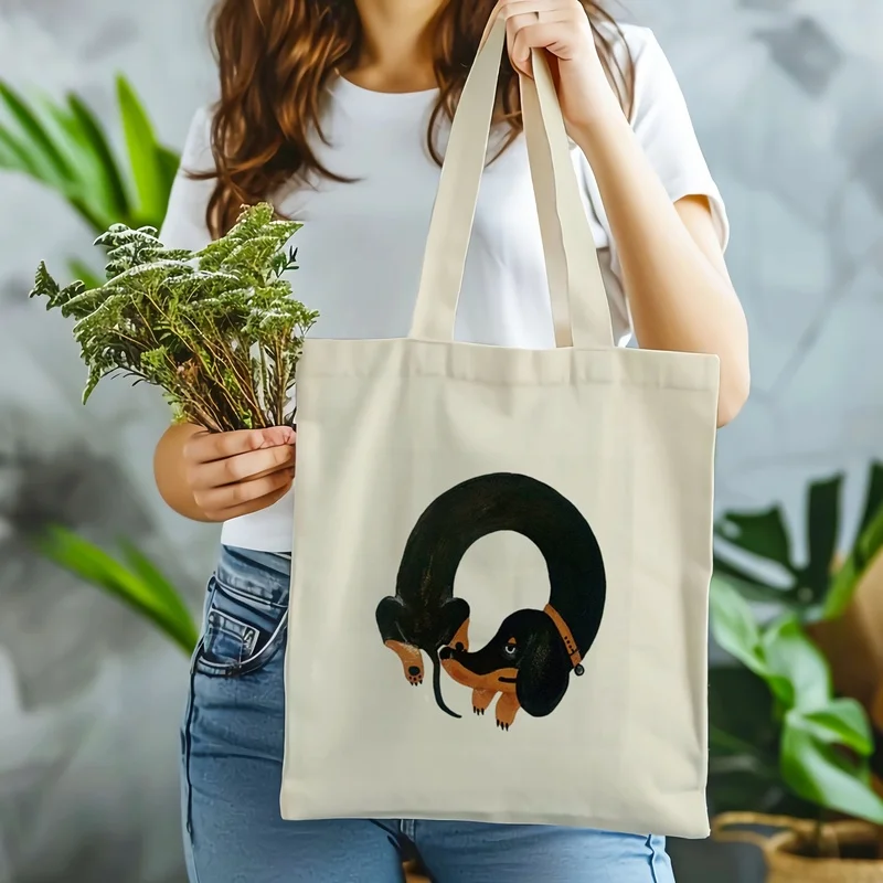 A cute Dachshund-print tote bag，Casual travel beach bag，Large-capacity reusable shopping bag，Casual shoulder bag，Handbag，Shoppin