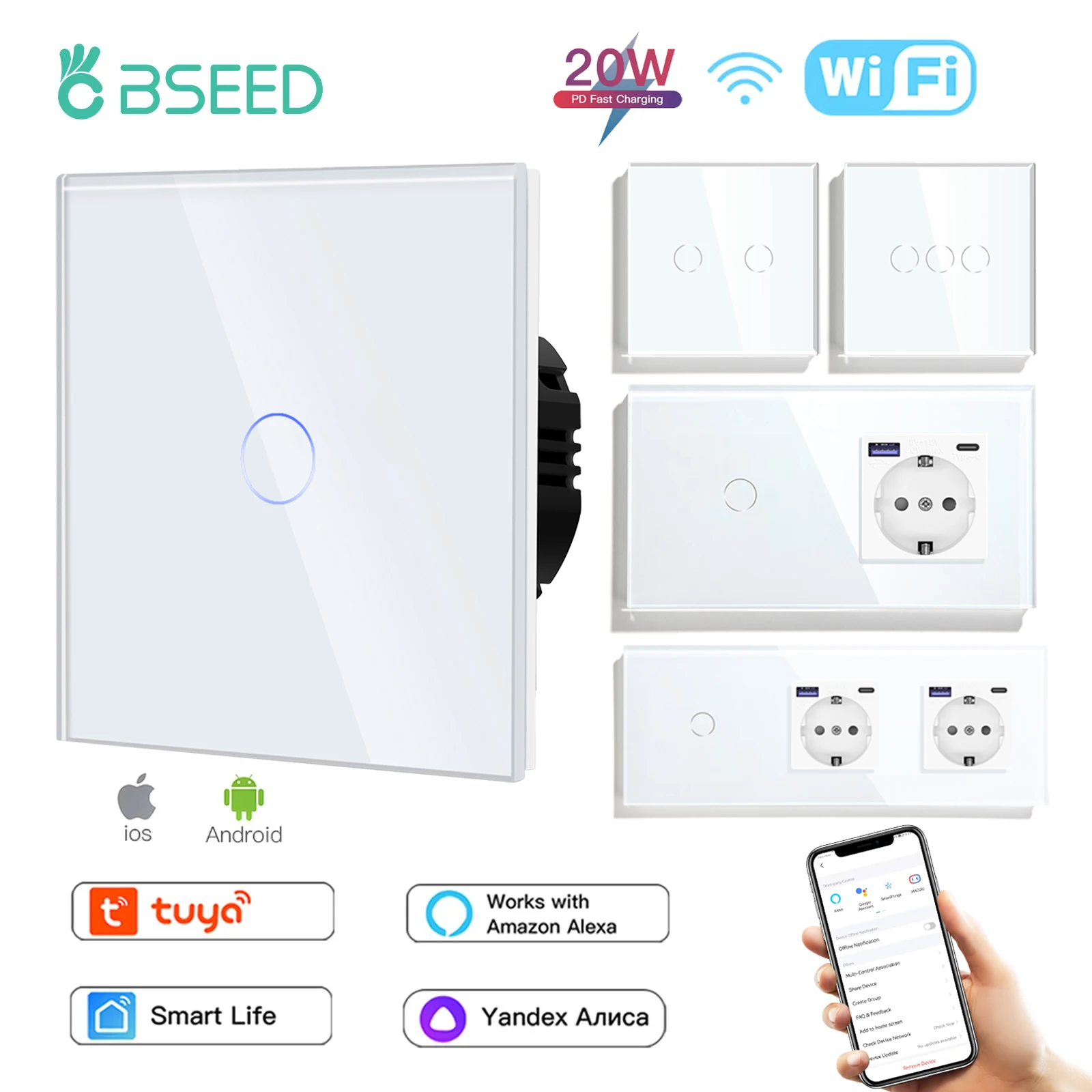 BSEED Wall Smart Touch Switches 1/2/3Gang Plus Typc-C USB Wall Socket 20W Fast Charging Tuya Smart Life Google Alexa App Control