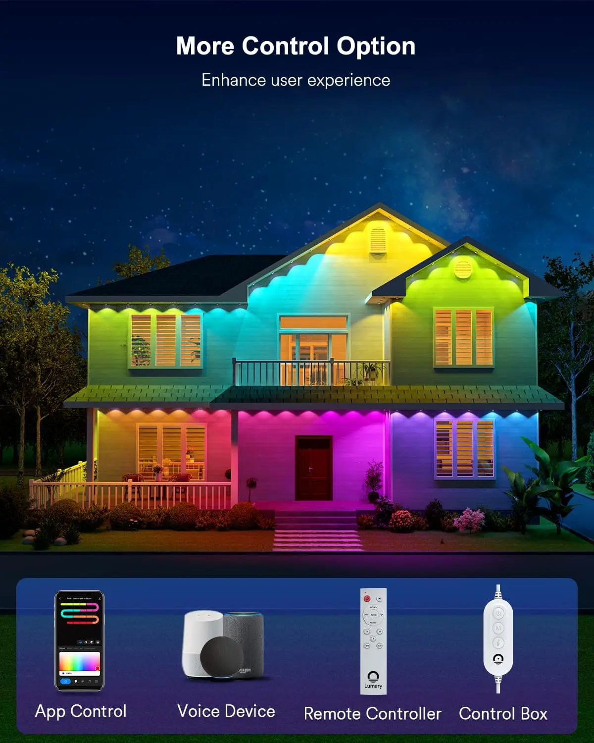 Luzes externas permanentes, 50 pés com 36 luzes LED para iluminação diária e de destaque, vários modos de cena Luzes de beirais com RGB Smar