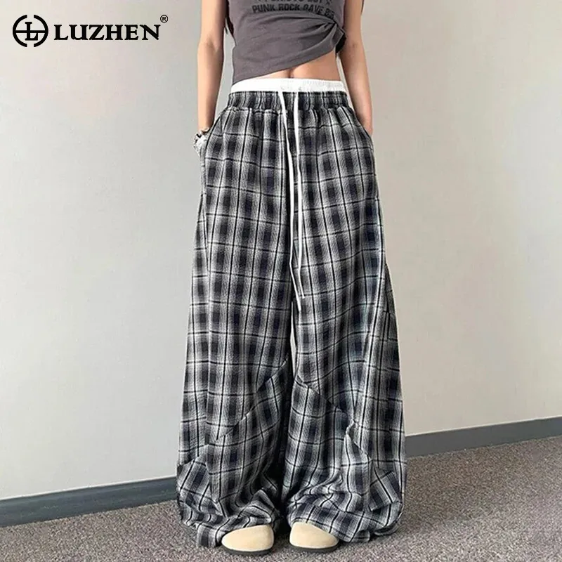 

LUZHEN 2025 новые модные прямые повседневные брюки с эластичной резинкой на талии и шнурком, мужские мешковатые брюки в клетку с принтом JY3654