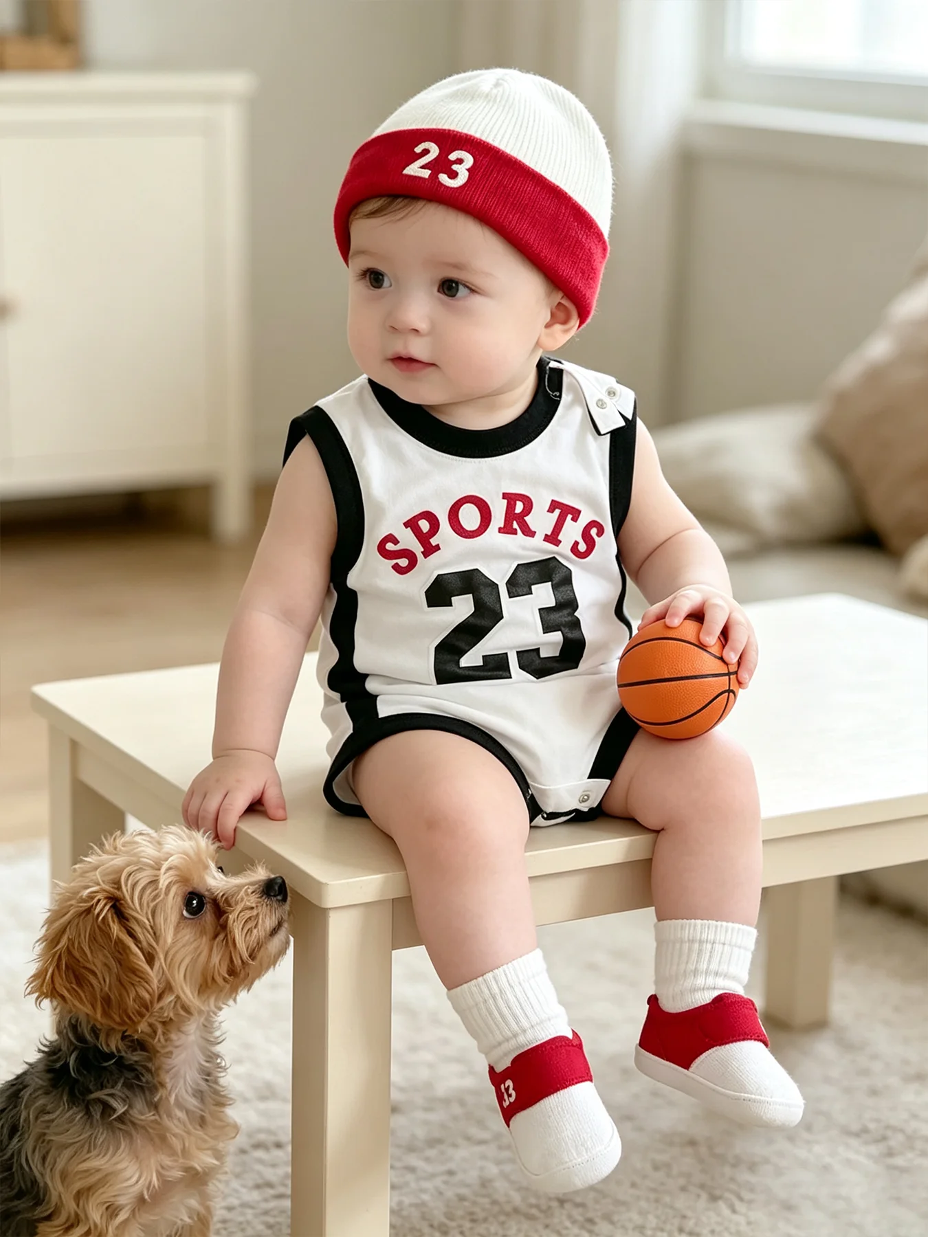 Nein. 23 Rot-weißes, farblich abgesetztes, ärmelloses 3-teiliges Activewear-Set aus Baumwolle für Baby-Jungen – ein lustiges und verspieltes Geschenkset für Fotoshootings – Detail 5